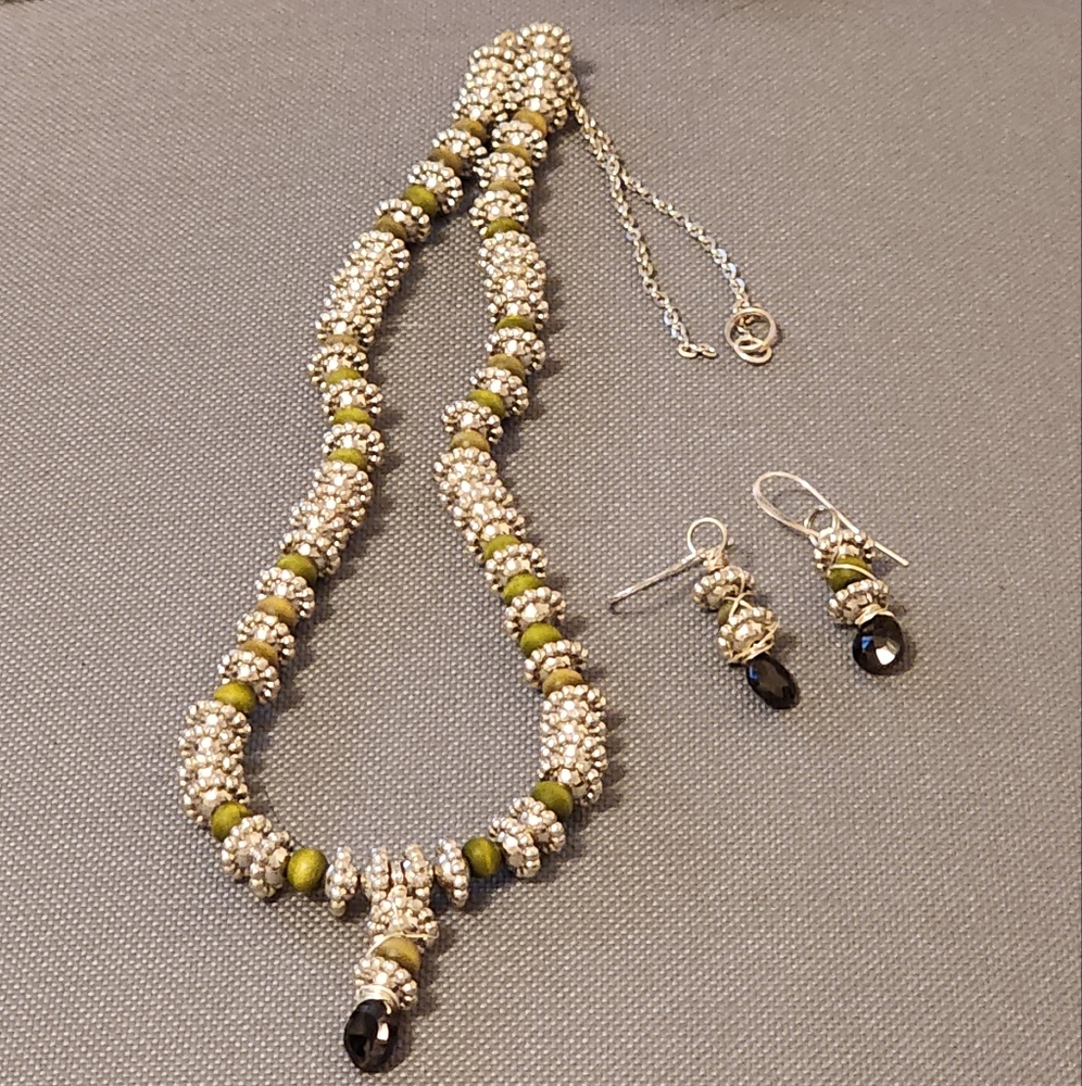Elegant Silver and Green Beaded Necklace and earrings